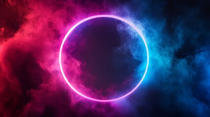 Poster - A glowing neon pink circle in a dark, smoky background with pink and blue clouds.