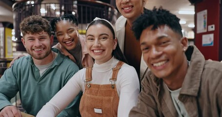 Poster - College, students and together in group at library with smile for education, exam studying or learning. Diversity, people or friend portrait for scholarship, knowledge research or assignment teamwork