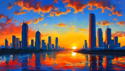 Wall Mural - Vibrant Cityscape at Sunrise Signifying New Opportunities and Bright Beginnings