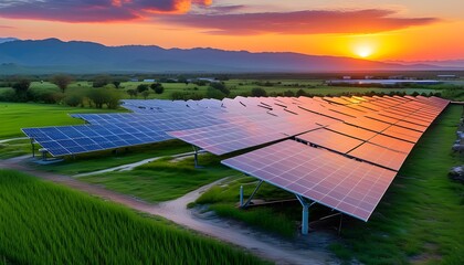 Wall Mural - Sunset over a Sustainable Community Solar Power Project in a Scenic Natural Landscape