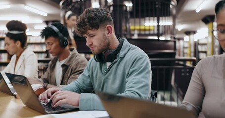 Poster - Research, typing and laptop with man in library for knowledge, education and college thesis. Academy, future and university portal with students and studying for exam, project and scholarship