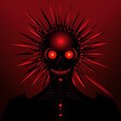 © Iuliia - Print on t-shirt, Abstract illustration of a skull with spiky crown and glowing red eyes on a dark background
