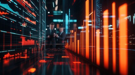 Poster - A detailed 3D bar chart on a digital screen, with financial analysts in the background discussing market trends, highlighting rising profits.