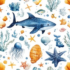 Watercolor seamless pattern with underwater world Bright fish, whale, shark dolphin starfish animals. Jellyfish seashells. Sea and ocean fish life, Generative AI