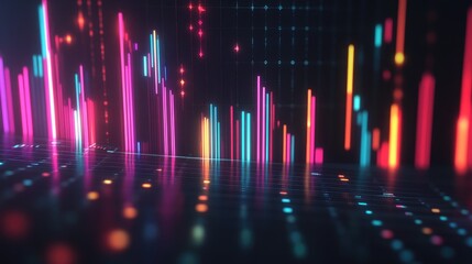 Poster - A digital 3D bar chart with glowing bars on a black background, representing cryptocurrency market growth and financial expansion.