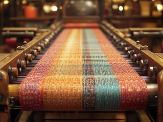 Canvas Print - Vintage Loom Weaving Colorful Fabric: A Close-Up View