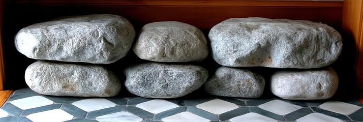 Poster - Stack of smooth, gray stones arranged in a symmetrical pattern atop a geometric tiled floor