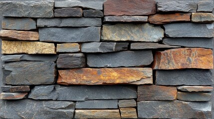 Poster - A Close-Up View of a Stacked Stone Wall with Varying Shades of Gray, Brown, and Orange