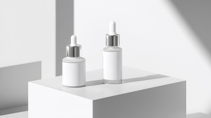 Wall Mural - Minimalist white serum packaging with silver accents, focus on the clean, elegant design. No people. No logo.