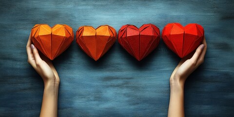 Poster - Four origami hearts in a gradient of colors held by hands on a blue wooden background