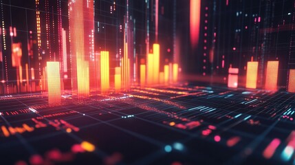 Poster - A futuristic 3D bar chart displaying rising financial data, with glowing bars and grid lines, representing profits and investment growth.