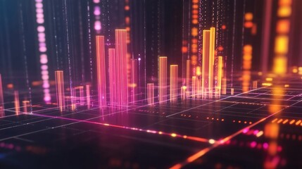 Poster - A futuristic 3D bar chart displaying rising financial data, with glowing bars and grid lines, representing profits and investment growth.