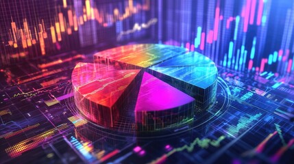 Poster - A futuristic 3D pie chart rotating slowly, with different sections representing stock market shares, against a digital financial background.