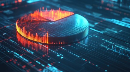 Poster - A futuristic 3D pie chart rotating slowly, with different sections representing stock market shares, against a digital financial background.