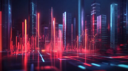 Poster - A futuristic cityscape background with 3D financial graphs emerging from the ground, representing growth and progress in urban development and investment opportunities.