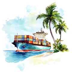 Canvas Print - Cargo Ship Docked at a Tropical Island with Palm Trees.