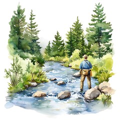 Canvas Print - Watercolor painting of a lone fisherman standing on a rocky riverbed in a forest.