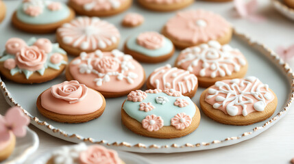 Wall Mural - Decorative cookies with intricate pastel icing on a serving platter.