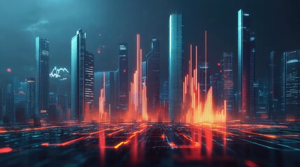 Poster - A futuristic cityscape background with 3D financial graphs emerging from the ground, representing growth and progress in urban development and investment opportunities.