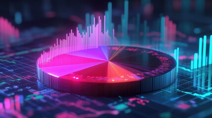Poster - A glowing 3D pie chart with financial labels showing investment diversification, with each segment representing different asset allocations.
