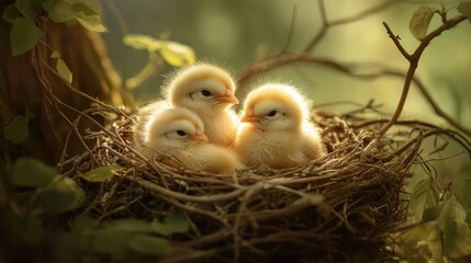 a heartwarming image of fluffy chicks nestled together in a cozy nest, surrounded by soft twigs and 