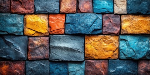 Poster - A textured stone wall with a mix of blues, yellows, oranges, and browns, creating a unique and vibrant backdrop.
