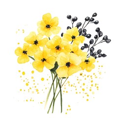 Canvas Print - Watercolor Yellow Flowers with Black Berries.