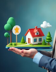 3D render, miniature house, red roof, white walls, hand holding, floating island, stylized trees, fluffy clouds, sunny day, vibrant colors, cartoon style, isometric view, real estate concept, environm