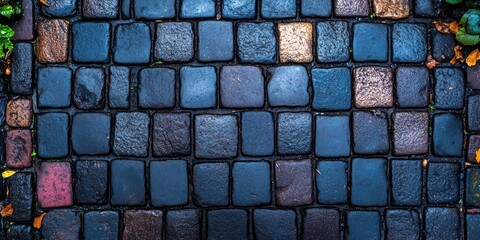 Poster - A mosaic of weathered cobblestone, each stone telling a story of time and resilience, their surfaces glistening with the remnants of a recent rain.