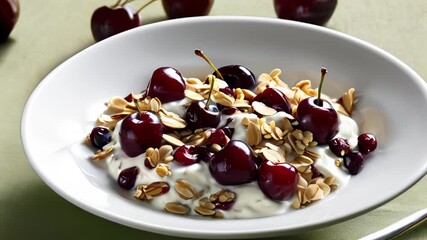 Wall Mural -  Deliciously healthy breakfast bowl with cherries and nuts