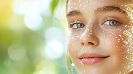 Closeup of a young face with dewy, glowing skin, droplets of water reflecting freshness, soft sunlight enhancing a healthy look, fresh complexion, natural nourishment