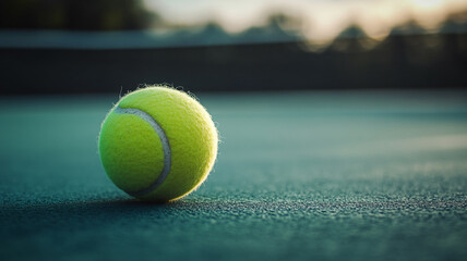 Wall Mural - A tennis ball resting on a court at sunset, ready for an exciting match ahead