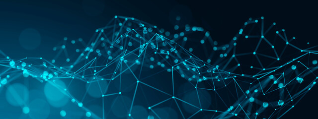 Fototapete - Digital abstract plexus technology blue background banner copyspace, graphics vector polygon line networks and dots shape connecting link structure, futuristic tech data computer concept.
