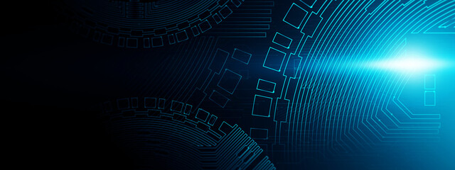 Fototapete - Abstract computer technology blue background banner futuristic business data technology modern concept; gear cog shape lines connecting link structure dark blue contrast.