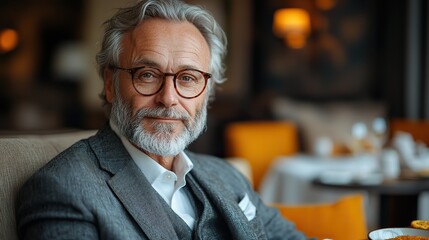 Wall Mural - mature businessman having breakfast in a hotel room