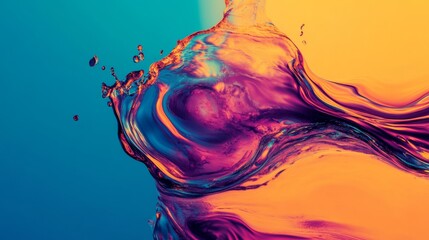 Abstract liquid art featuring vivid swirls of pink, blue, and purple against a vibrant orange background.