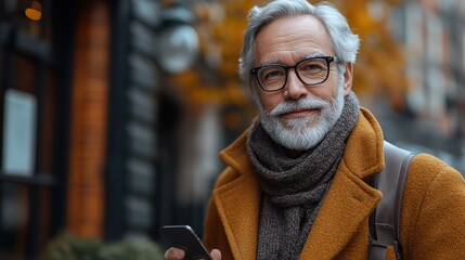 Wall Mural - mature businessman with smartphone in a city