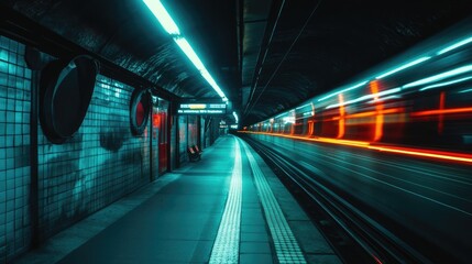 Poster - A nighttime shot of a subway tunnel with illuminated signs and safety lights, creating a sense of motion and urgency in the underground environment