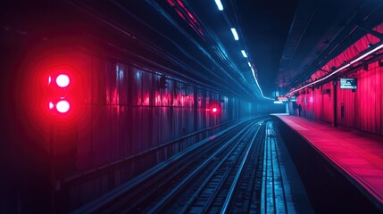 Poster - A nighttime shot of a subway tunnel with illuminated signs and safety lights, creating a sense of motion and urgency in the underground environment