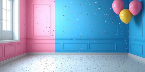 Aufkleber - A celebration room with pink and blue walls, balloons and confetti floating in the air