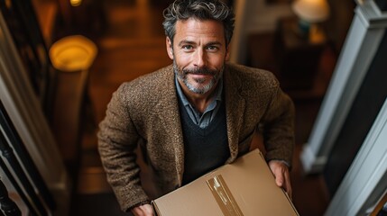 Wall Mural - mature man walking down stairs in house holding moving boxes