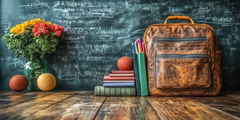 Aufkleber - A vintage leather backpack sits beside a stack of books, pencils, and red and yellow balls, all against a rustic wooden surface and a green chalkboard with handwritten notes.