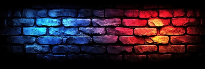 Poster - An old brick wall illuminated by a gradient of blue, purple, and red lighting creating an abstract and textured backdrop