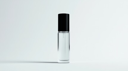 Wall Mural - Transparent serum bottle with a matte black lid, focus on the unique bottle shape against white. No people. No logo.