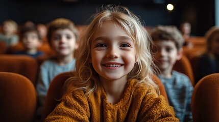 Wall Mural - mother with happy small children in the cinema watching film