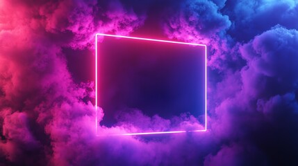 Poster - A glowing pink neon square frame in a dark smoky background with pink and blue lighting.