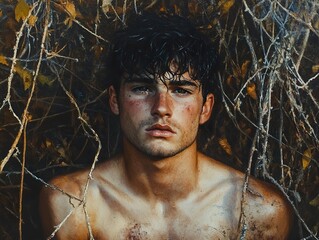 Wall Mural - Intense Portrait of a Young Man Amidst Twigs