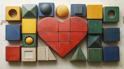Poster - A heart-shaped arrangement of wooden blocks, each painted in various colors, creating a vibrant and playful composition