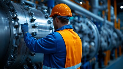 Industrial Worker Inspecting Large Pipe in Factory