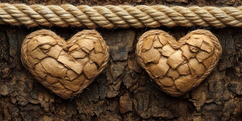 Aufkleber - Two intricately woven hearts of rope hang by a thick, textured cord against a backdrop of rough, earthy bark.